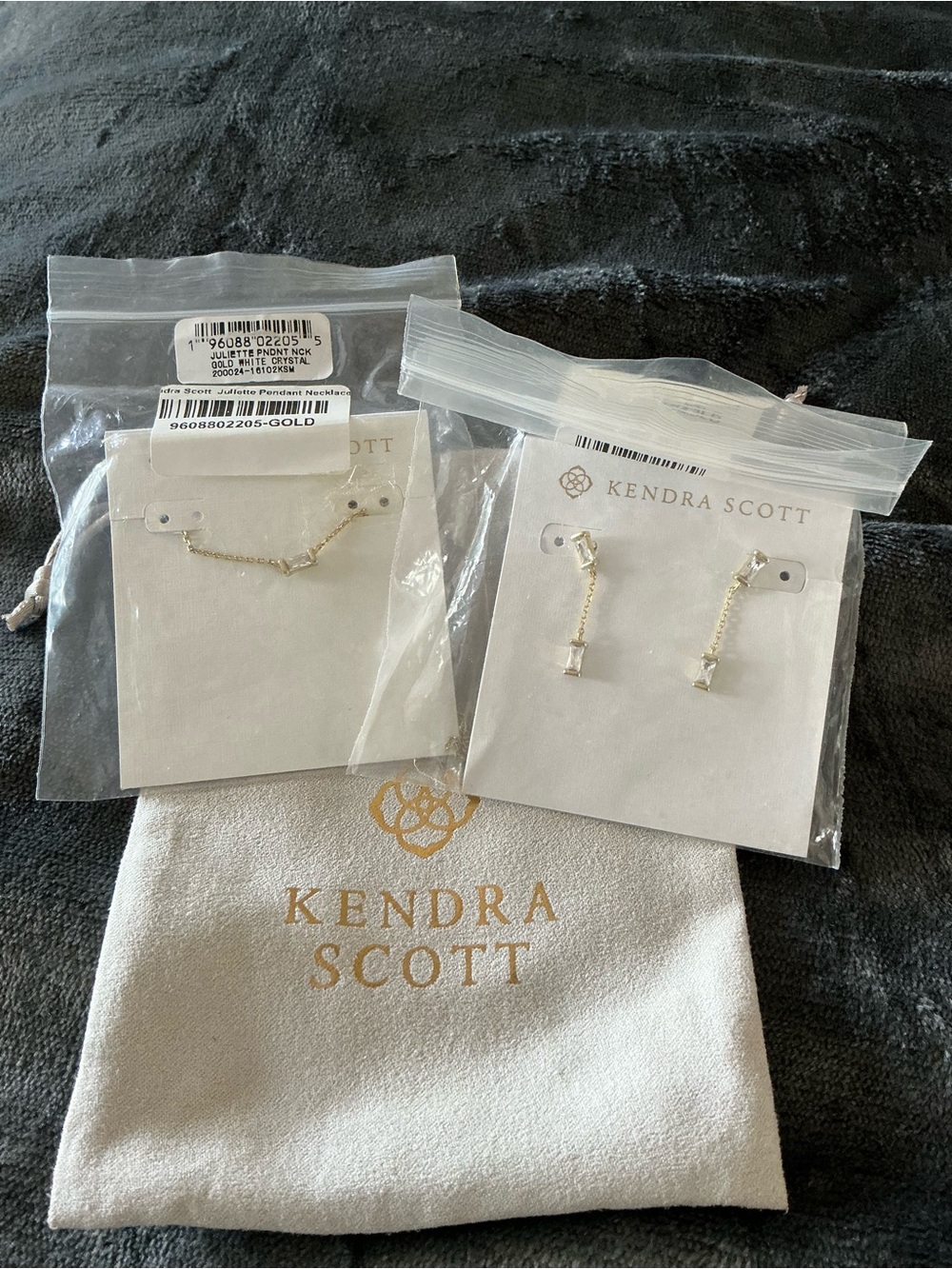 Kendra Scott Juliette Gold Pendant Necklace and Earrings set in White Crystal